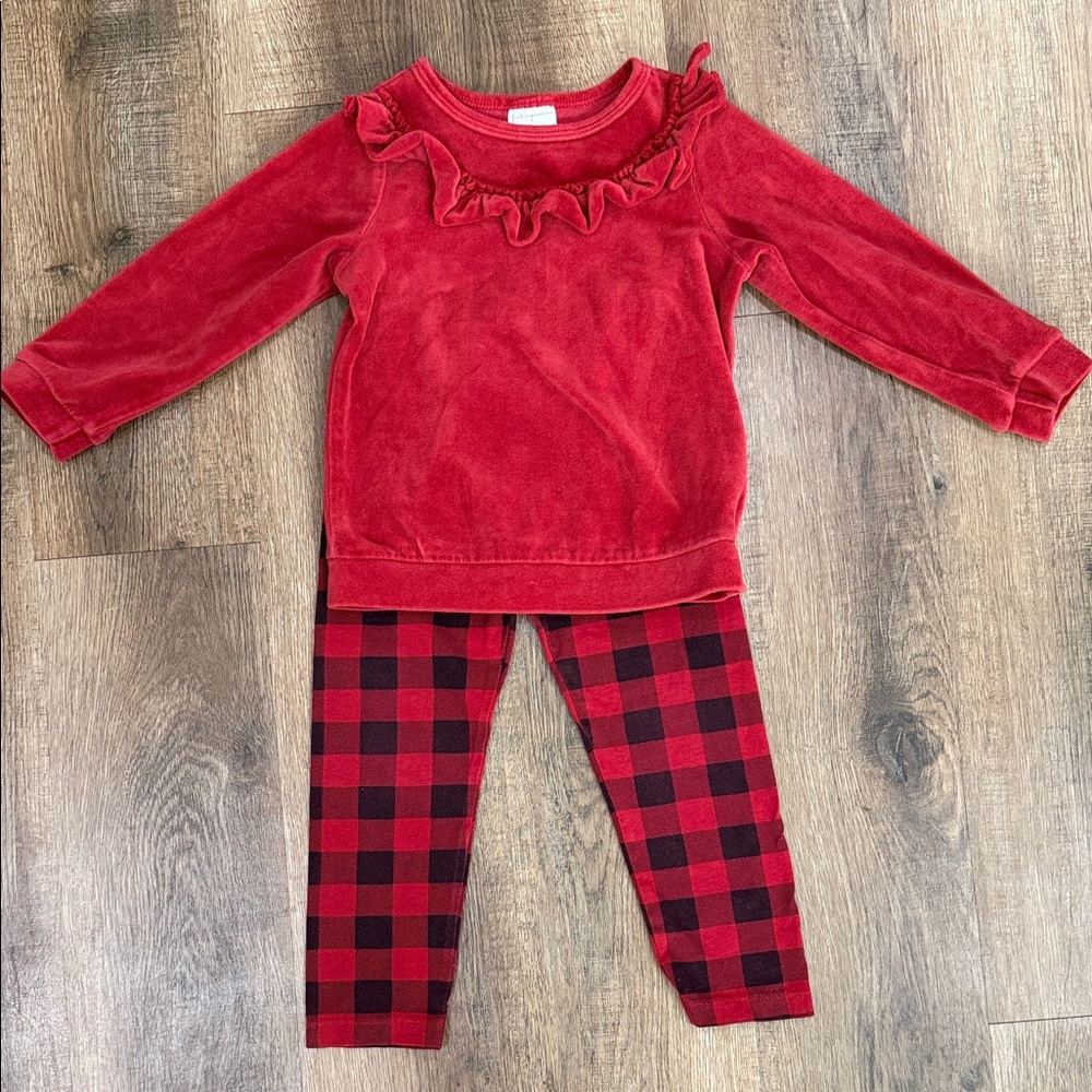 First impressions,Red Ruffle Velvet Top with Red & Black Buffalo Plaid Leggings
